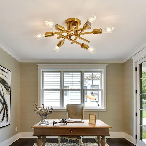 6-Light Gold Sputnik Chandelier Semi Flush Modern