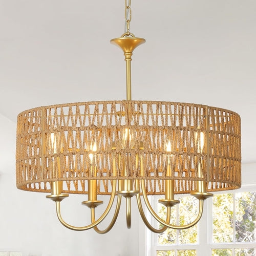 Gold 5 Light Rattan Boho Chandelier Pendant Lighting