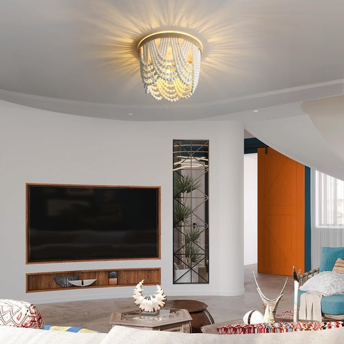 Three Light White Wood Bead Bohemian Chandelier Handmade