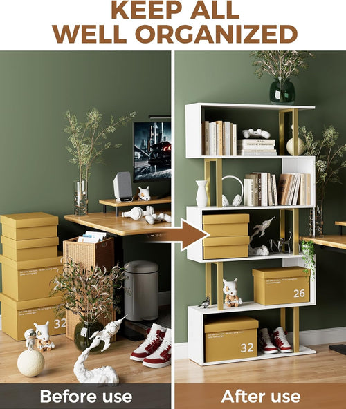 Gold 5 Tier S Shaped Wooden Bookcase For Living Room