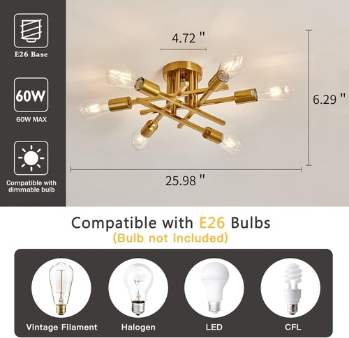 6-Light Gold Sputnik Chandelier Semi Flush Modern