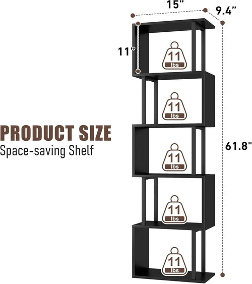 5 Tier S Shaped Bookcase Black Wood And Metal Livingroom