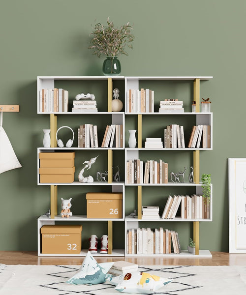 Gold 5 Tier S Shaped Wooden Bookcase For Living Room