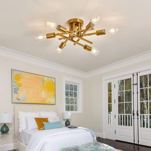 6-Light Gold Sputnik Chandelier Semi Flush Modern