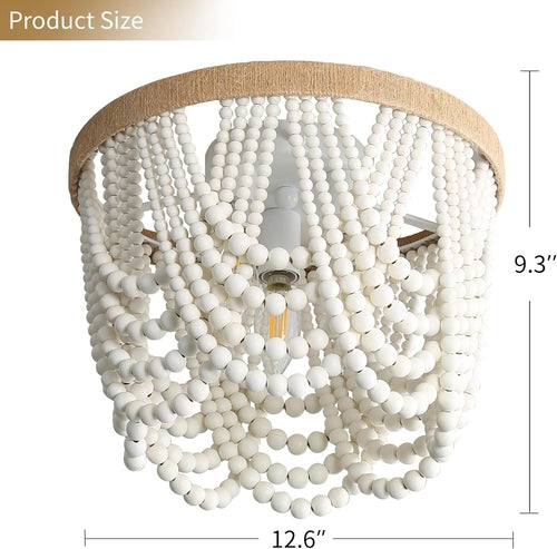 Three Light White Wood Bead Bohemian Chandelier Handmade