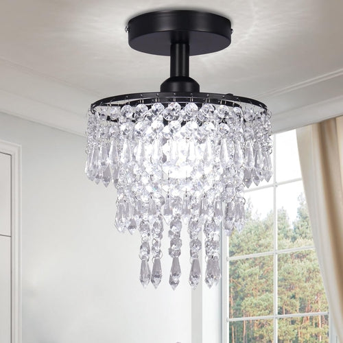 Small Black Crystal Chandelier Flush Mount With Raindrops