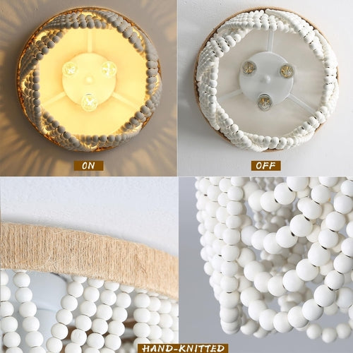 Three Light White Wood Bead Bohemian Chandelier Handmade