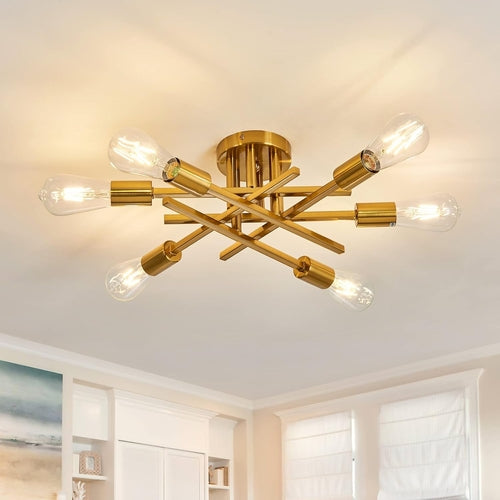 6-Light Gold Sputnik Chandelier Semi Flush Modern
