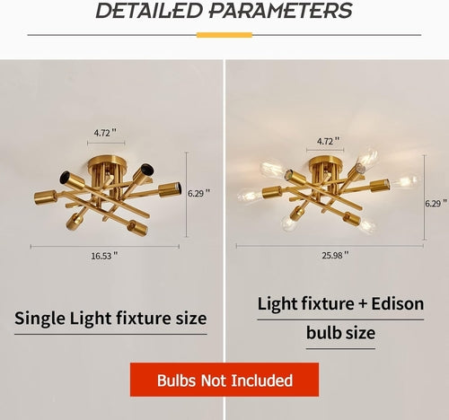 6-Light Gold Sputnik Chandelier Semi Flush Modern