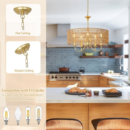 Gold 5 Light Rattan Boho Chandelier Pendant Lighting