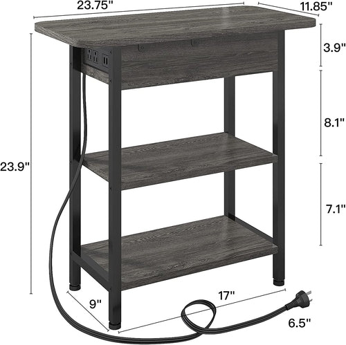 End Table with Charging Station, Flip Top Side Table for Small Spaces,