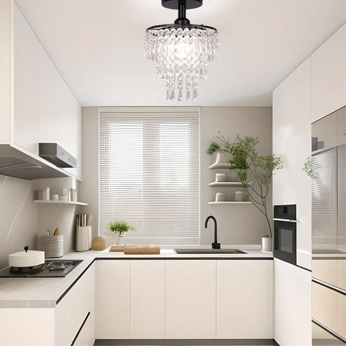 Small Black Crystal Chandelier Flush Mount With Raindrops