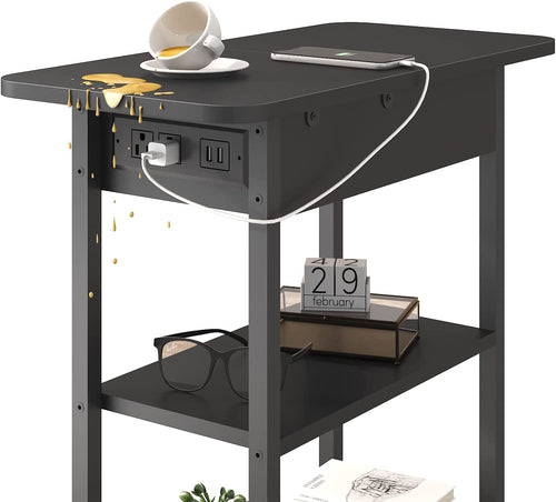 End Table with Charging Station, Flip Top Side Table for Small Spaces,