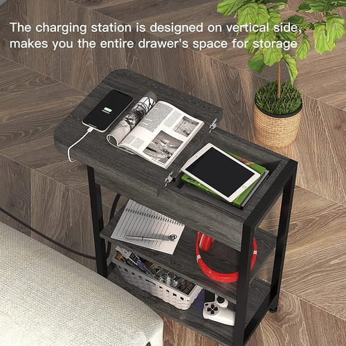 End Table with Charging Station, Flip Top Side Table for Small Spaces,