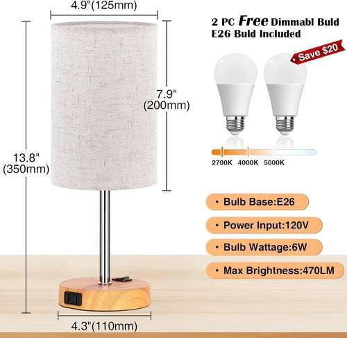 Table Lamp for Bedroom Set of 2, Bedside Small Lamps with 3 Way