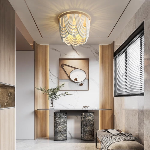 Three Light White Wood Bead Bohemian Chandelier Handmade