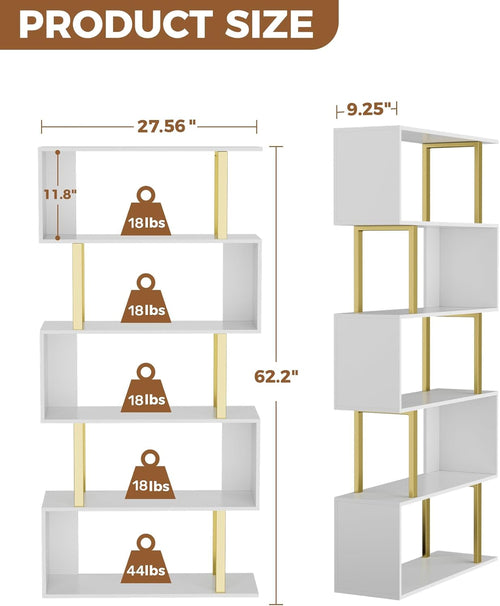 Gold 5 Tier S Shaped Wooden Bookcase For Living Room