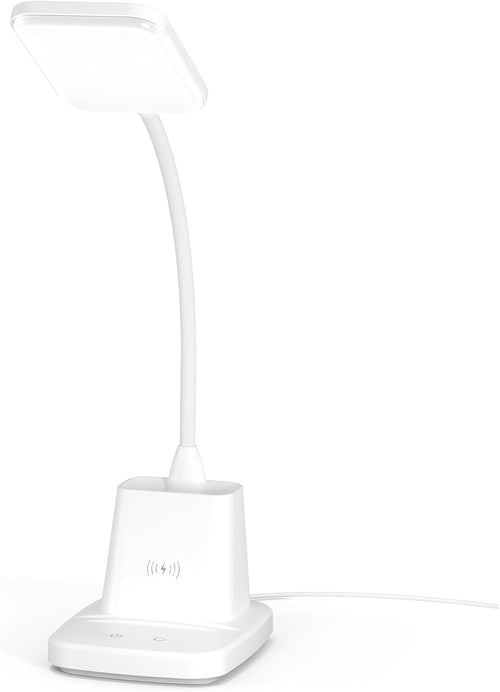 Upgraded LED Desk Lamp with Wireless Charger, White Small Desk Light