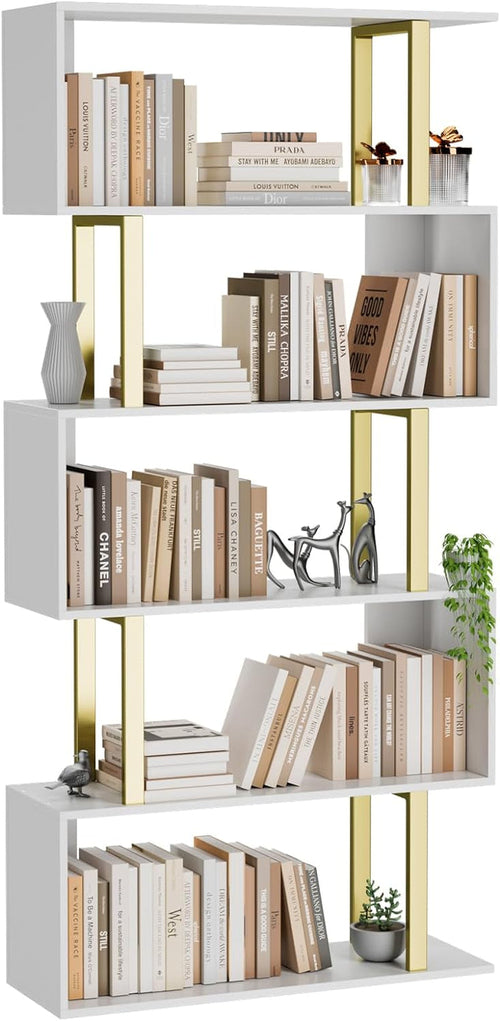 Gold 5 Tier S Shaped Wooden Bookcase For Living Room