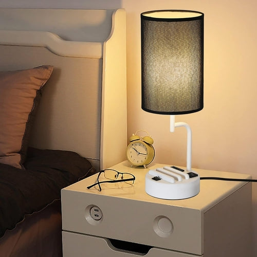 Table Lamp with 3 USB Charging Ports, Modern Desk Lamp with AC Outlet