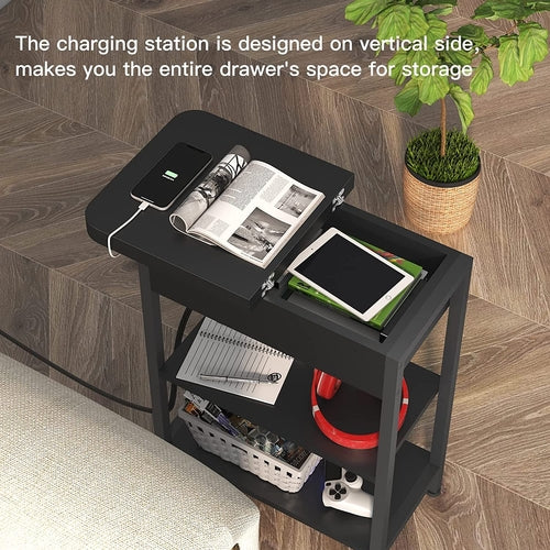 End Table with Charging Station, Flip Top Side Table for Small Spaces,