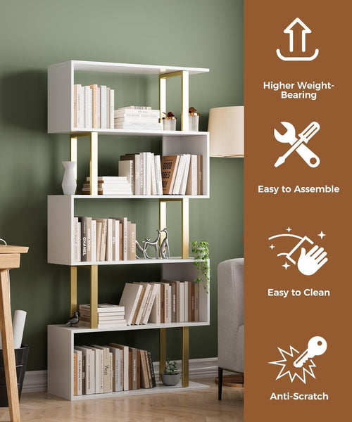 Gold 5 Tier S Shaped Wooden Bookcase For Living Room