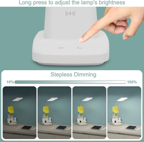 Upgraded LED Desk Lamp with Wireless Charger, White Small Desk Light