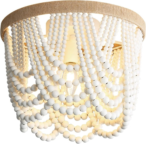 Three Light White Wood Bead Bohemian Chandelier Handmade