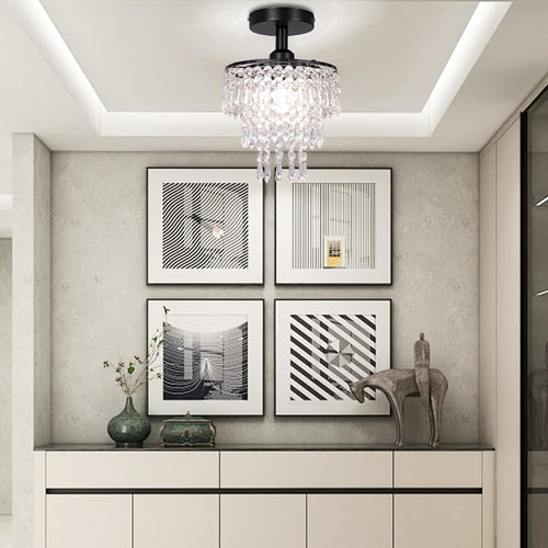 Small Black Crystal Chandelier Flush Mount With Raindrops