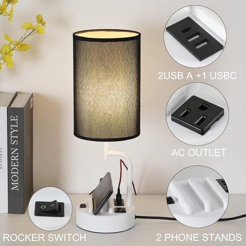 Table Lamp with 3 USB Charging Ports, Modern Desk Lamp with AC Outlet