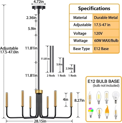 Black And Gold Six Light Farmhouse Chandelier For Dining Room