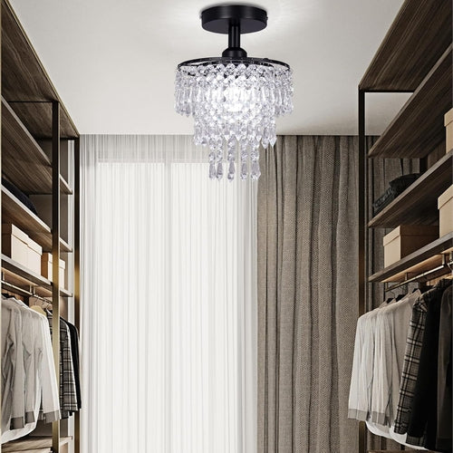 Small Black Crystal Chandelier Flush Mount With Raindrops