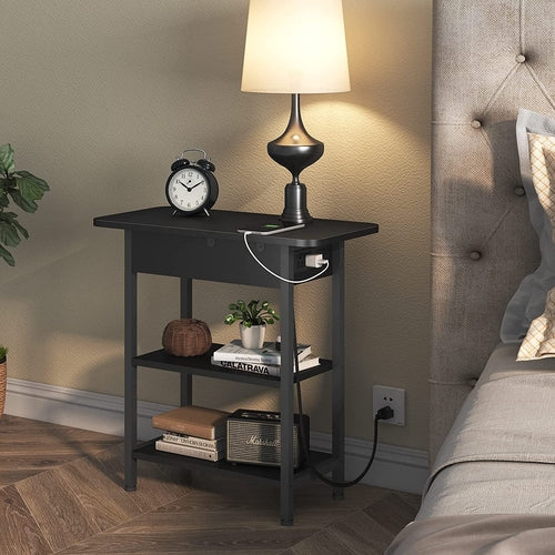 End Table with Charging Station, Flip Top Side Table for Small Spaces,