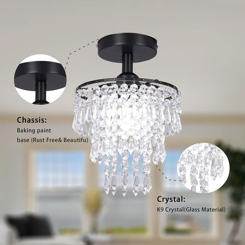 Small Black Crystal Chandelier Flush Mount With Raindrops
