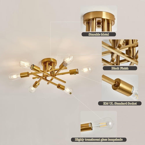 6-Light Gold Sputnik Chandelier Semi Flush Modern