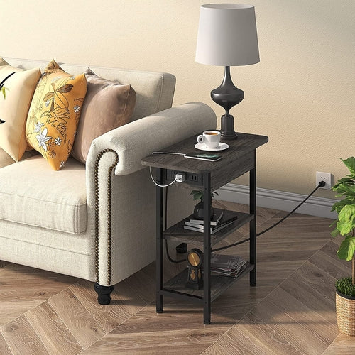End Table with Charging Station, Flip Top Side Table for Small Spaces,