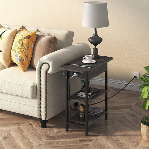End Table with Charging Station, Flip Top Side Table for Small Spaces,