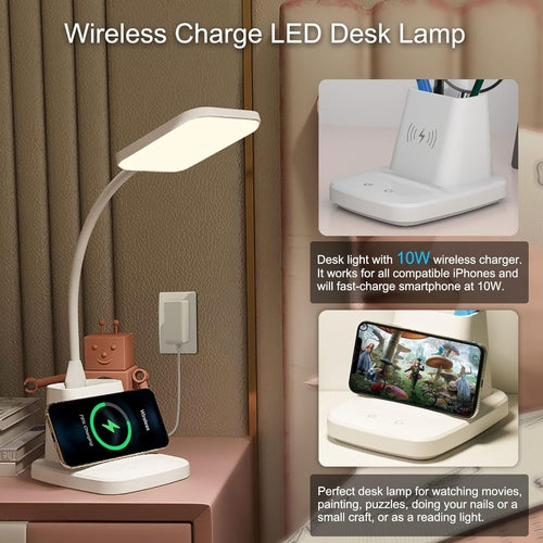 Upgraded LED Desk Lamp with Wireless Charger, White Small Desk Light