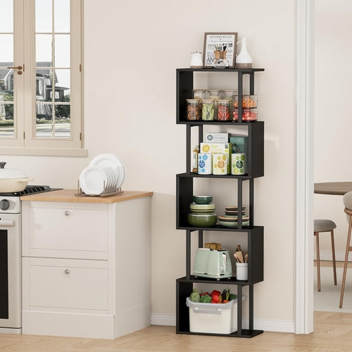 5 Tier S Shaped Bookcase Black Wood And Metal Livingroom