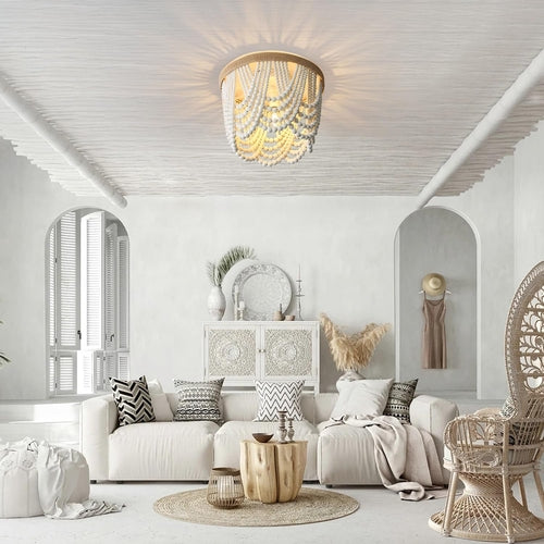 Three Light White Wood Bead Bohemian Chandelier Handmade
