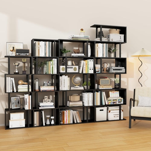 5 Tier S Shaped Bookcase Black Wood And Metal Livingroom
