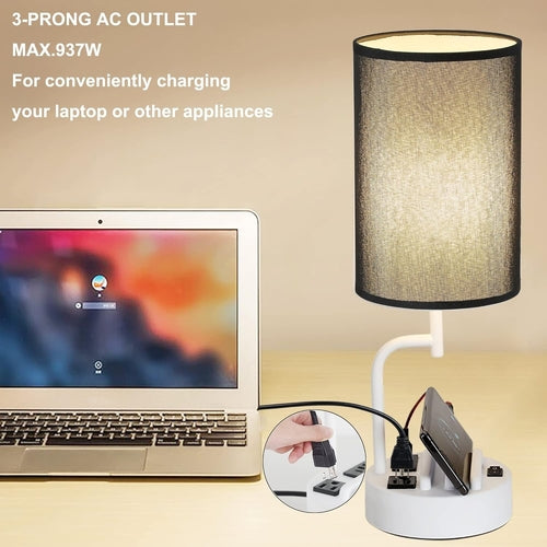 Table Lamp with 3 USB Charging Ports, Modern Desk Lamp with AC Outlet
