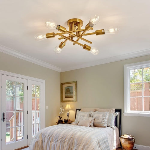 6-Light Gold Sputnik Chandelier Semi Flush Modern