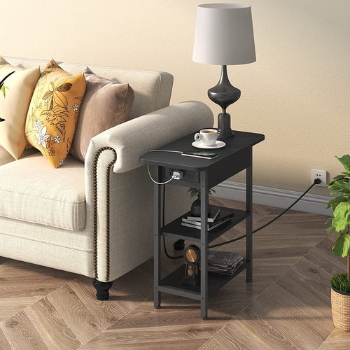 End Table with Charging Station, Flip Top Side Table for Small Spaces,