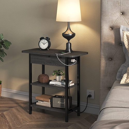 End Table with Charging Station, Flip Top Side Table for Small Spaces,