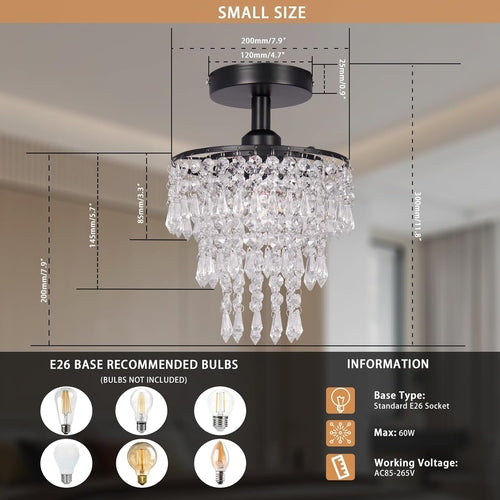 Small Black Crystal Chandelier Flush Mount With Raindrops