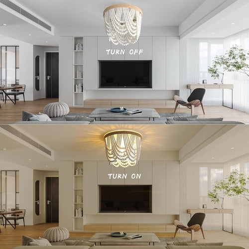 Three Light White Wood Bead Bohemian Chandelier Handmade