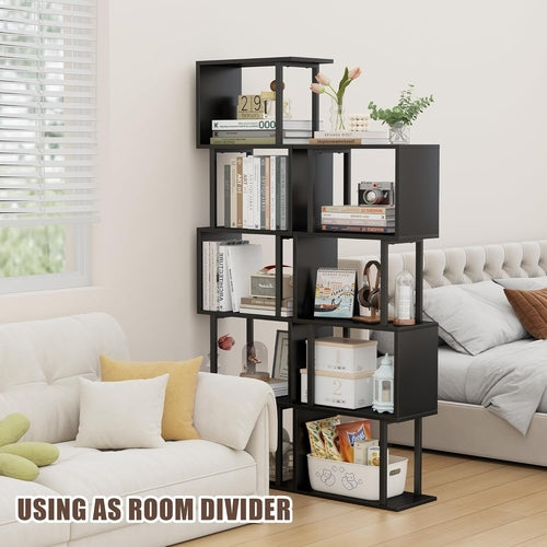 5 Tier S Shaped Bookcase Black Wood And Metal Livingroom