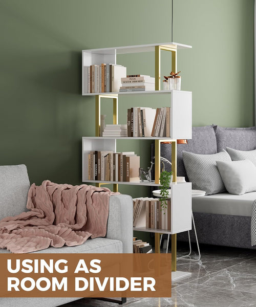 Gold 5 Tier S Shaped Wooden Bookcase For Living Room